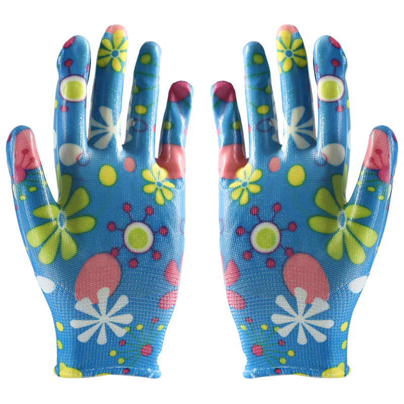 Flower Blue Nitrile Coated Polyester Gloves
