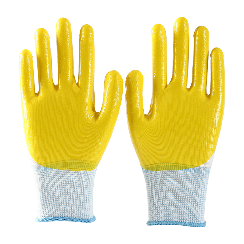 Yellow Color 13 Gauge Polyester Shell Nitrile Dipped Safe Work Gloves