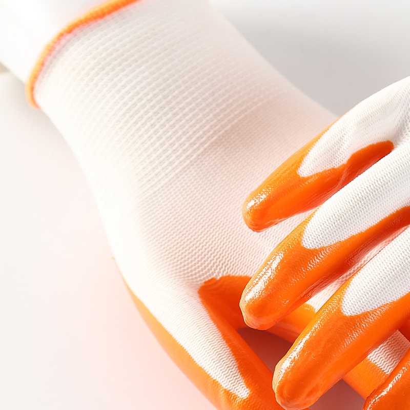 13G Polyester Waterproof Safety Work Orange Nitrile Coated Gloves