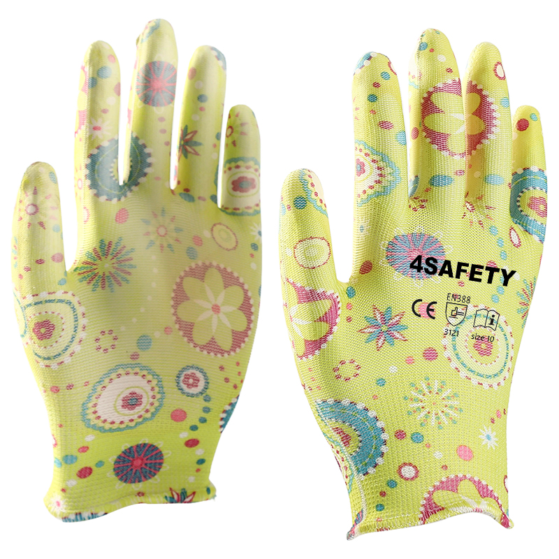 PU Coated ESD Glove 13 Gauge Polyester Liner With PU Coated On Palm Or Finger Yellow Flower Pattern PU Gloves
