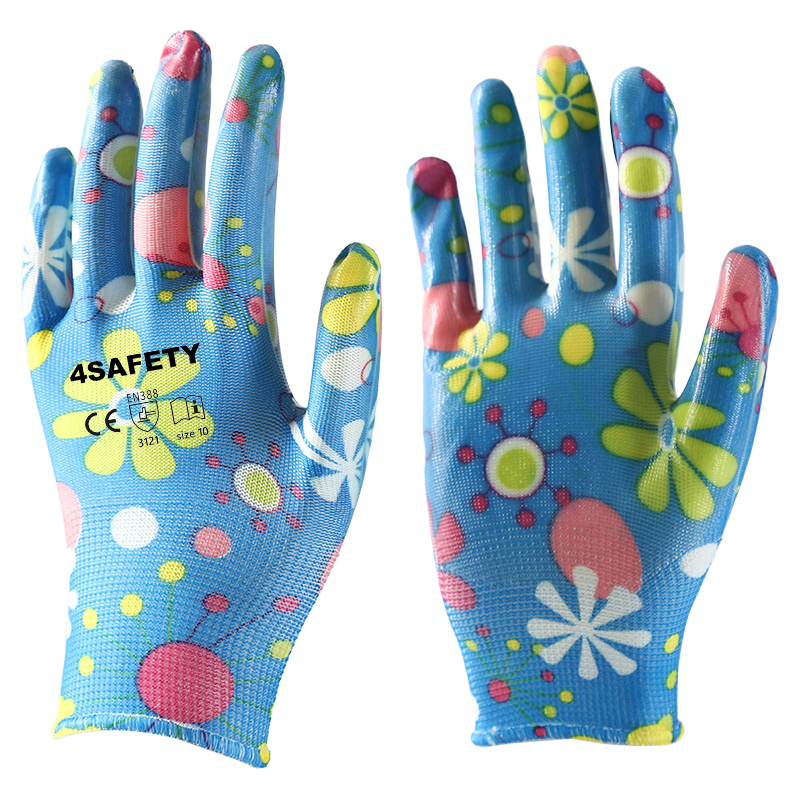 Flower Printed 13G Polyester Nitrile Palm Coated Gloves With Cheap Price