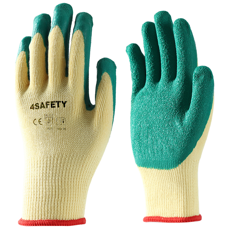 Promotional Cotton Knitted 5 Yarns Latex Green Crinkle Coating Work Safety Gloves