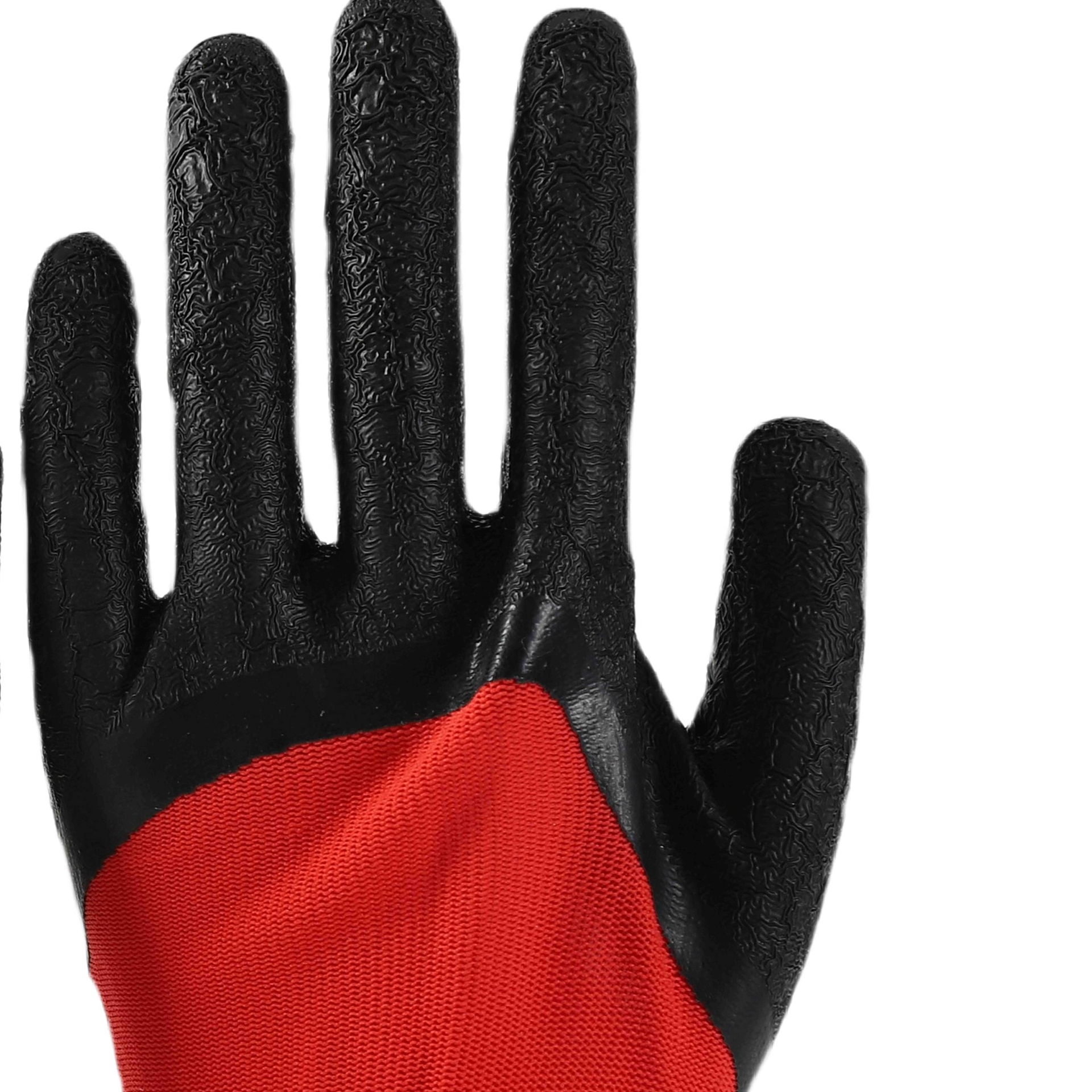 Red polyester with black crinkle latex half coated gloves