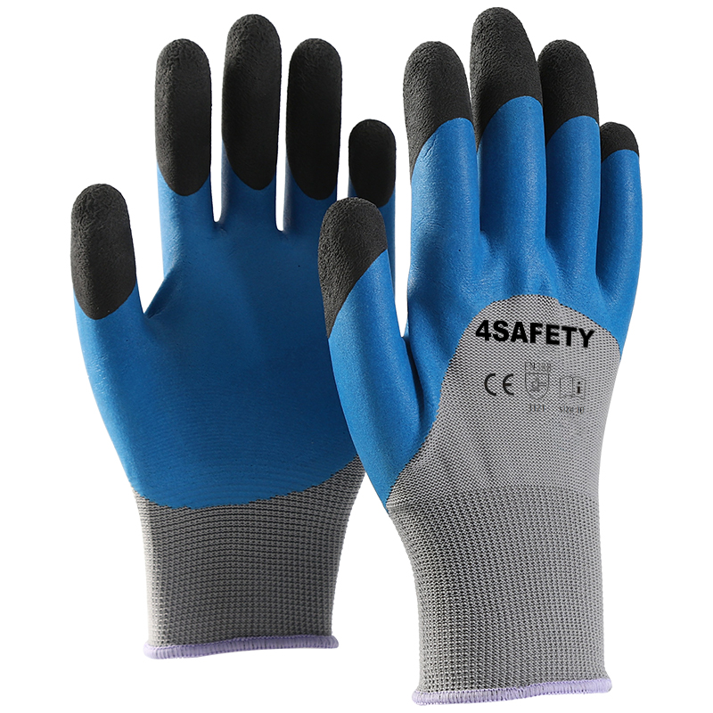                 Gray polyester with blue latex foam half coating gloves finger strengthen            