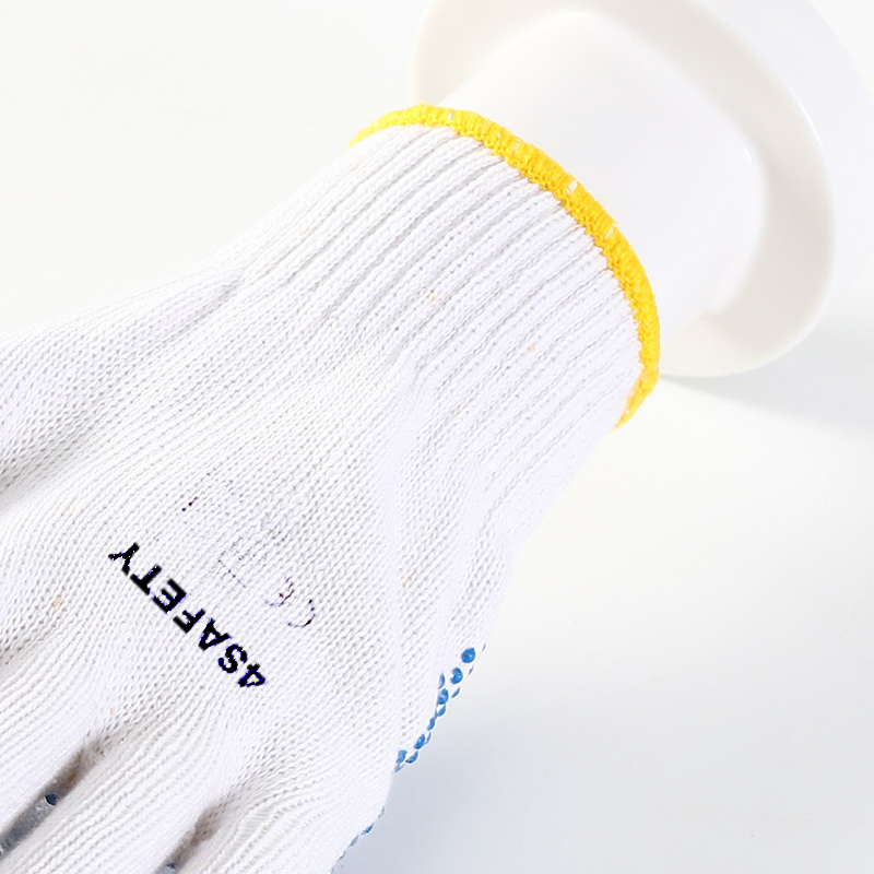 Blue color PVC dotted bleached white cotton gloves