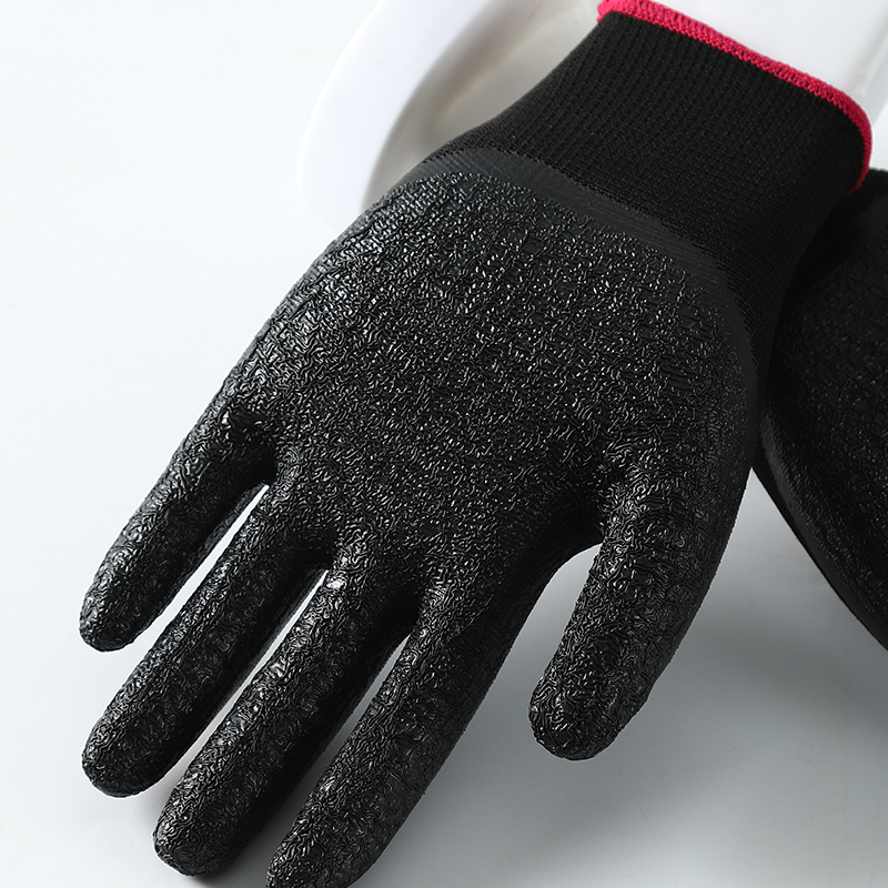                 Black polyester with black crinkle latex coated gloves            