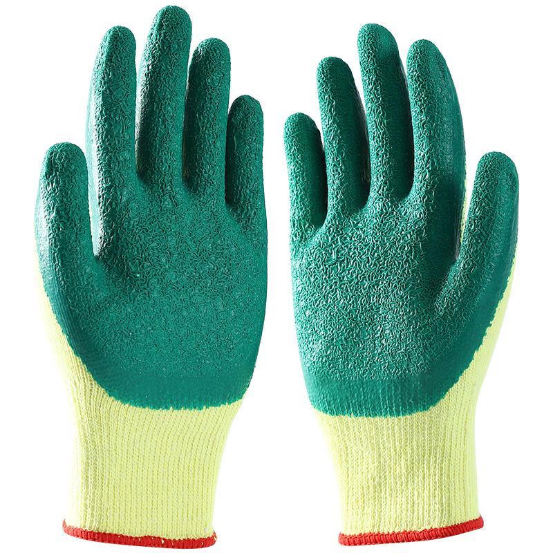 Yellow And Green Latex Coated Crinkle Wrinkle Cotton Gloves