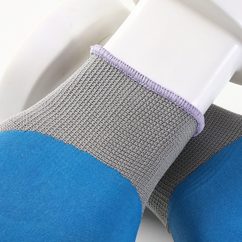                 Gray polyester with blue latex foam half coating gloves finger strengthen            