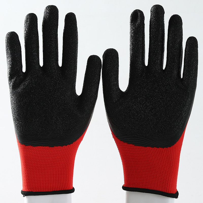                 Red polyester with black crinkle latex coated gloves            