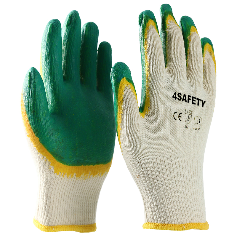 Green White Cotton Knitted Liner Latex Coated Non-Slip Working Safety Gloves