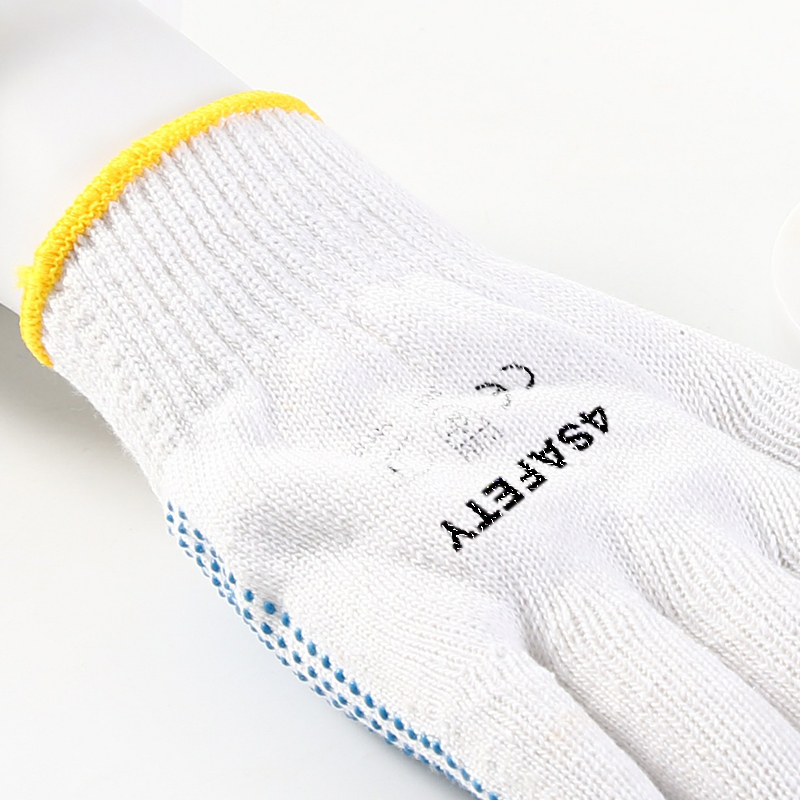 Blue color PVC dotted bleached white cotton gloves