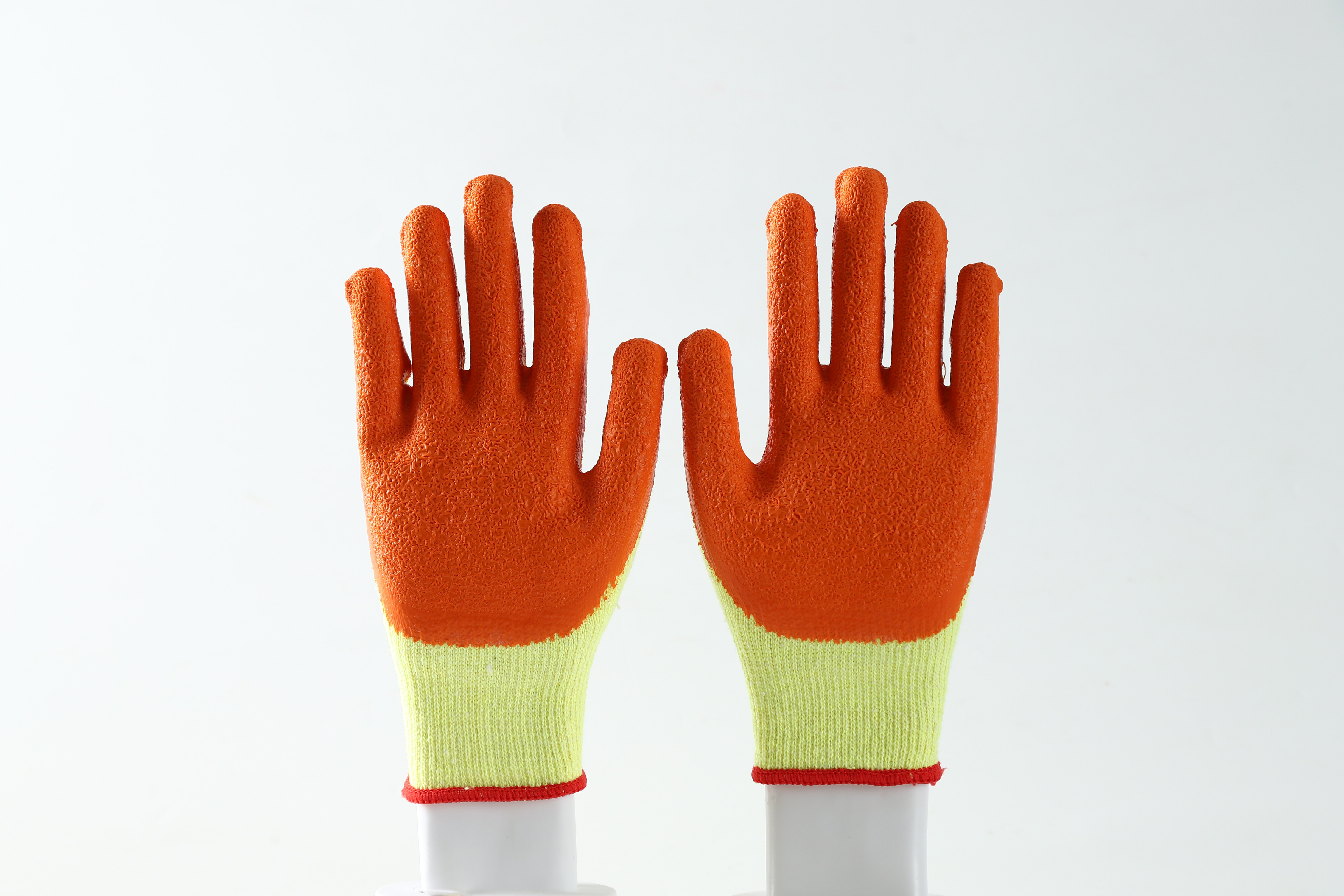 Yellow Polycotton yarn with orange latex crinkle coating gloves