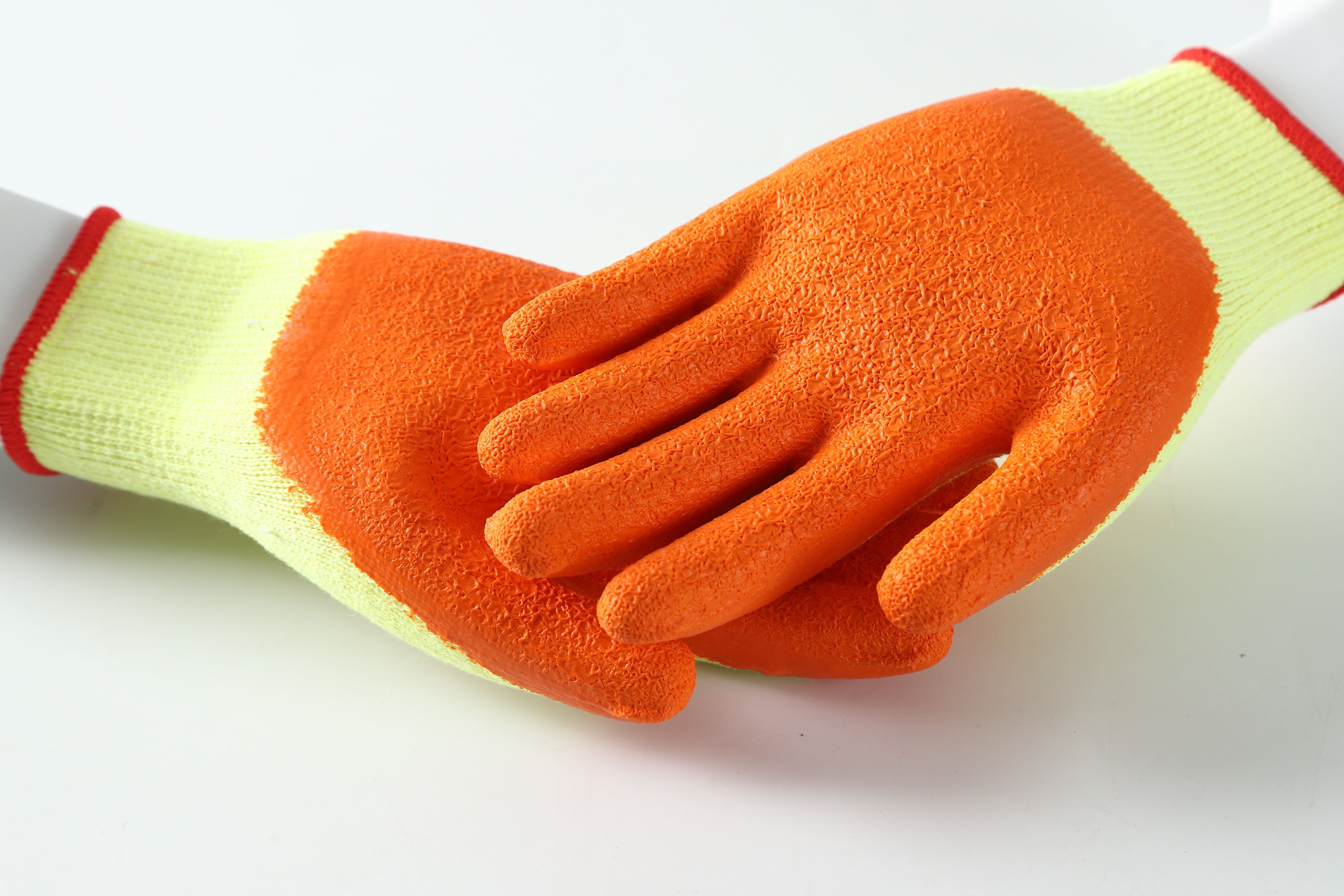 Yellow Polycotton yarn with orange latex crinkle coating gloves