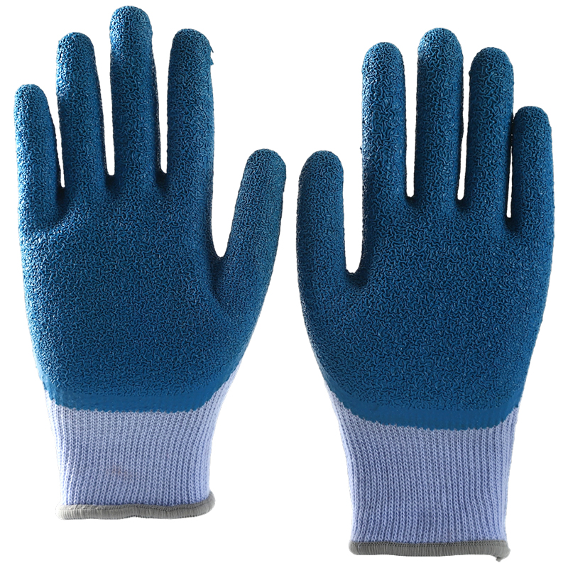 Blue Color 10 Gauge Polyester/Cotton Knitted Latex Coated Crinkle Work Gloves