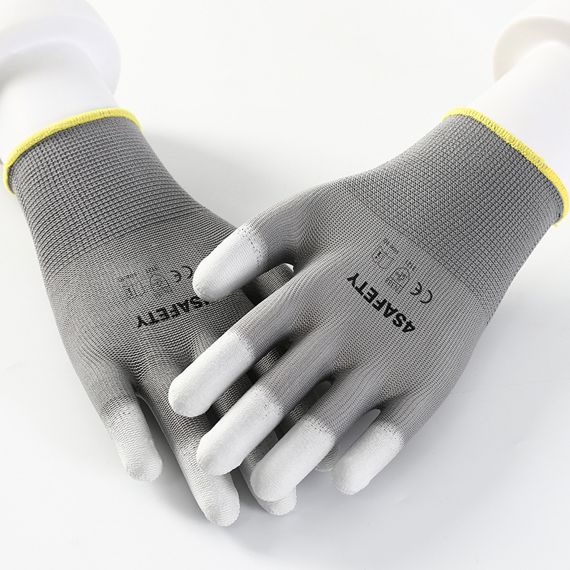 Hot Sale Grey Pu Finger Coated Glowes Working Polyester Lining Pu Dipping Safety Working Gloves