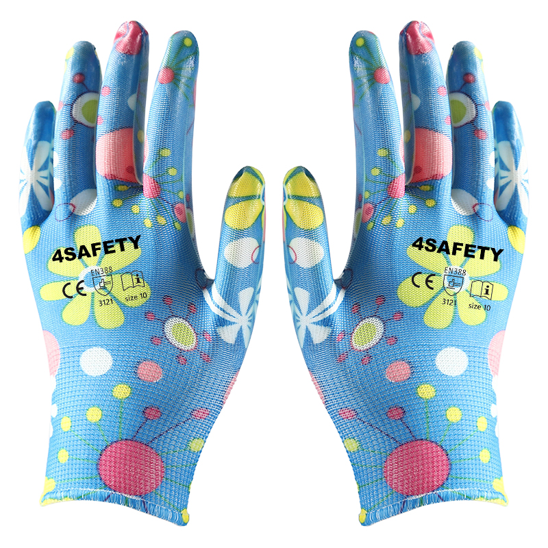China Manufacturer Good Quality Blue Polyester Liner Knitted Nitrile Coated Gloves