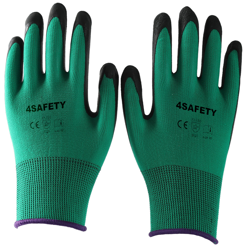                 Green polyester with black crinkle latex coated gloves            