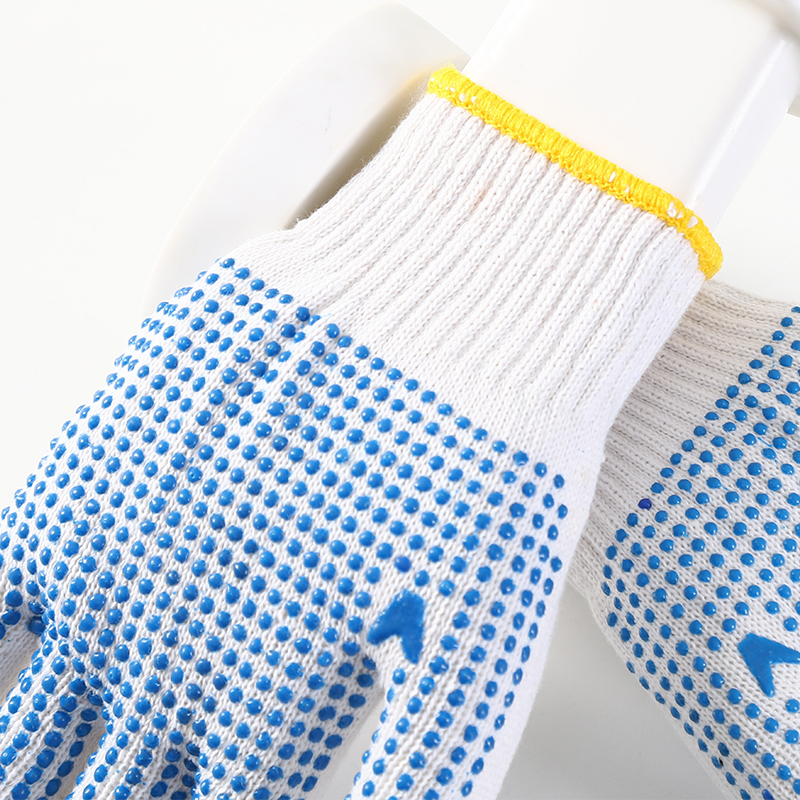 Blue color PVC dotted bleached white cotton gloves