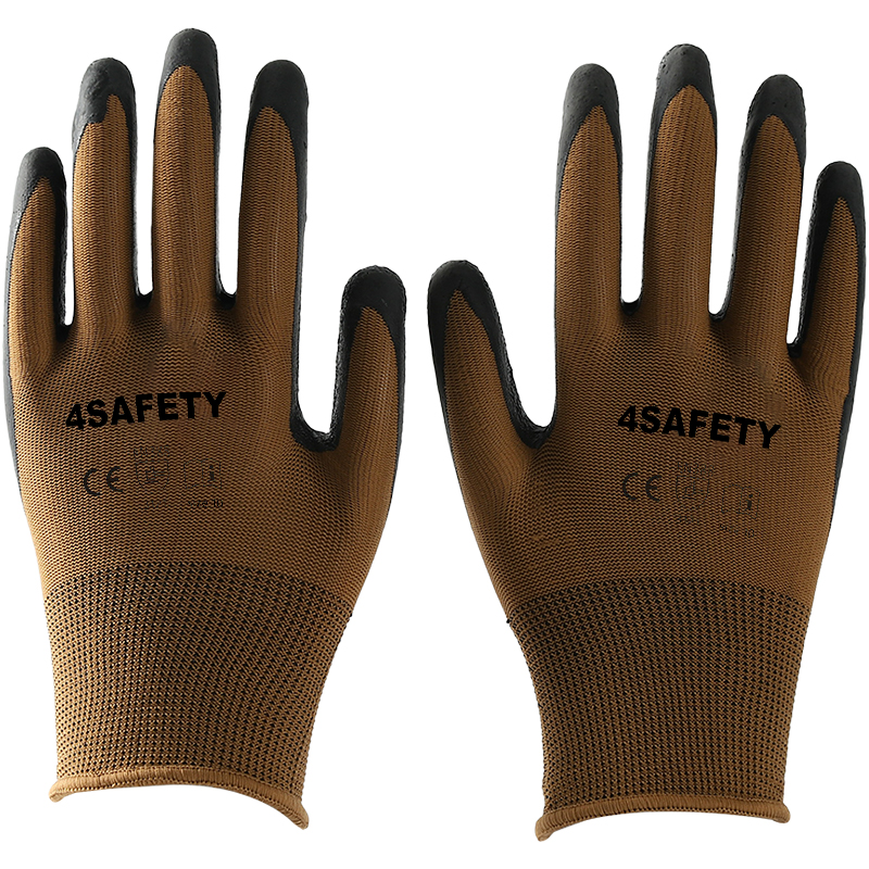 Top Sale 13G Brown Polyester Latex Wrinkle Gloves Latex Work Gloves