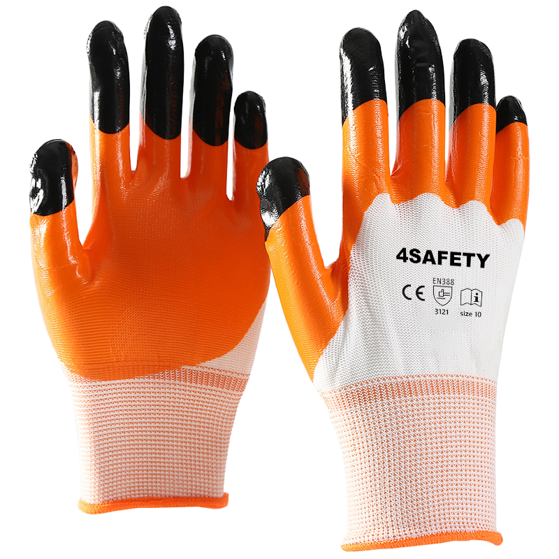 Orange 13 Gauge Polyester Liner Nitrile Half Coated Polyester Gloves