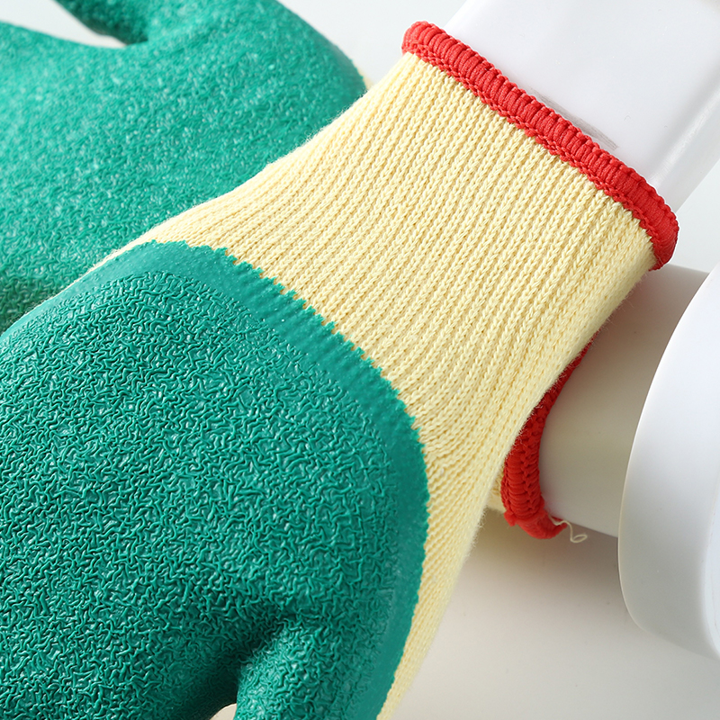                 Yellow cotton  with green latex crinkle coating gloves            