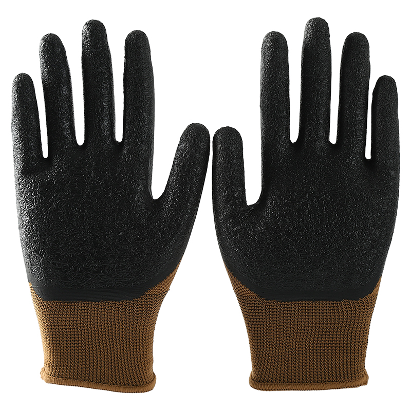                 Brown polyester with black crinkle latex coated gloves            