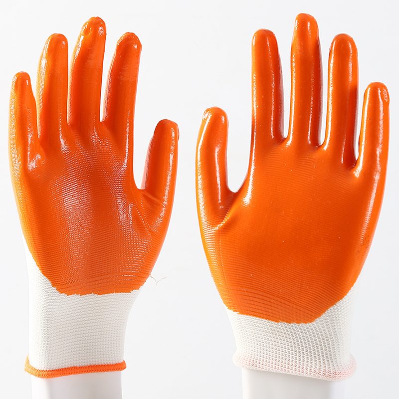                 White polyester with orange nitrile coating gloves            