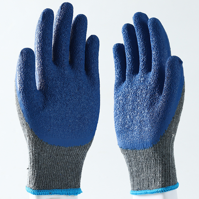 Palm Blue Latex Crinkle Coated 10G Gray Cotton Safety Latex Glove For Sale