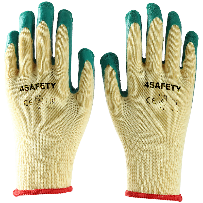                 Yellow cotton  with green latex crinkle coating gloves            